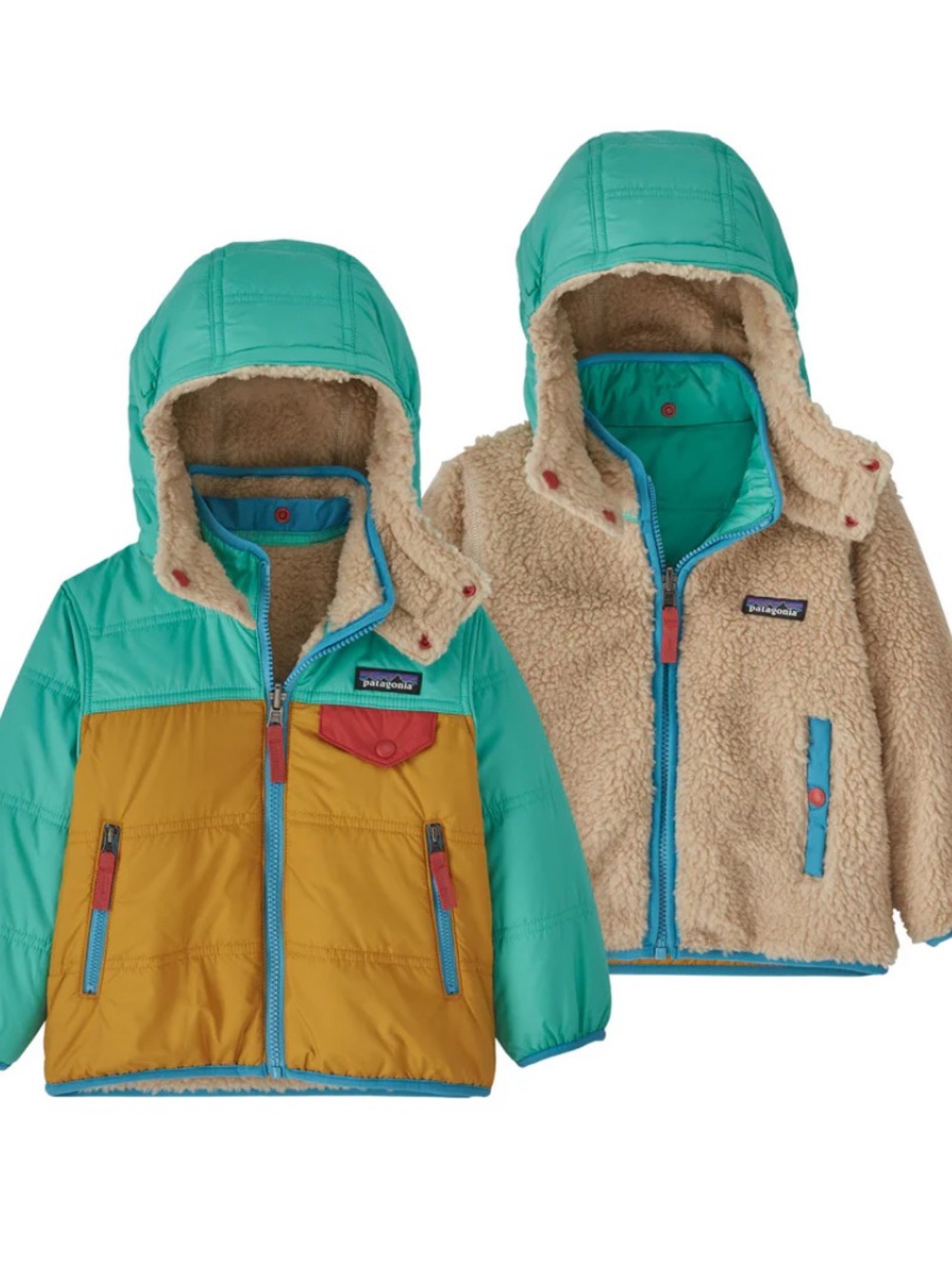 Patagonia Reversible Kids Jacket in Teal, Mustard & Cream Tribbles 3T